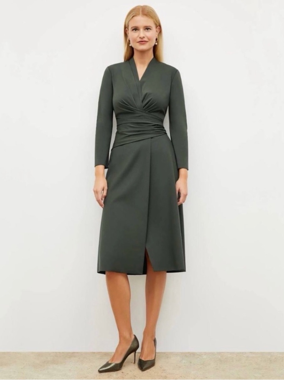 NWT M.M. Lafleur Carly Dress Stretch Crepe Dark Aloe Size 14